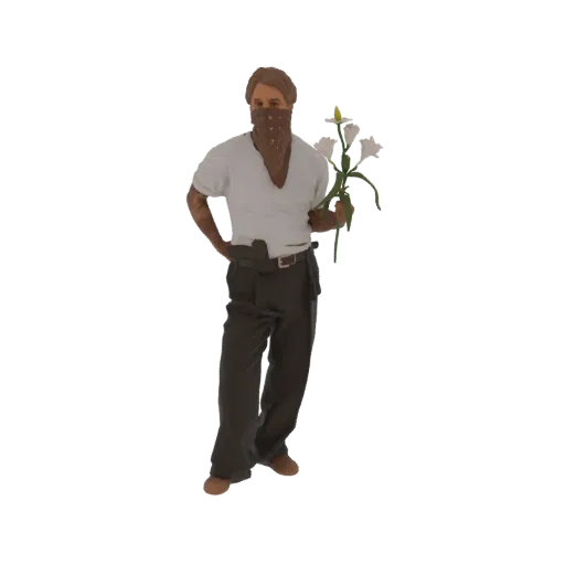 3D model of a man wearing a brown bandana and white t-shirt, holding a bouquet of white flowers, with one hand on his hip.