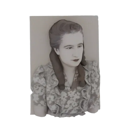 3D model of a vintage woman with styled hair and a floral dress, looking slightly to the side.