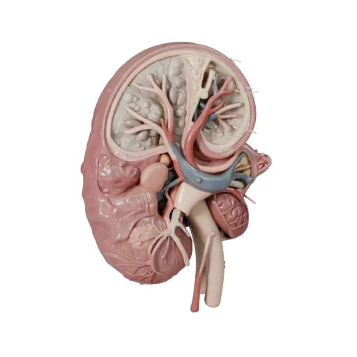 Cutaway Kidney Stylized 3D model, stylized isometric render, showing soft tissue colors, organ silhouette.