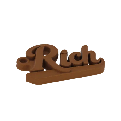 A 3D model of the word 'Rich' in a flowing, chocolate-brown script font, presented on a white background.