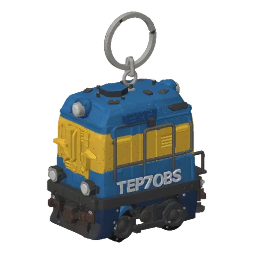 3D model of TEP70BS locomotive keychain in blue-yellow livery, hanging on a ring