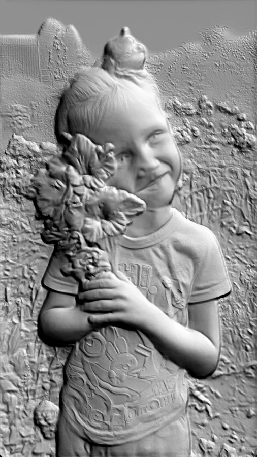 Modèle 3D bas-relief d'une fille souriante avec un bouquet de fleurs et une couronne sur la tête, réalisé dans un style réali