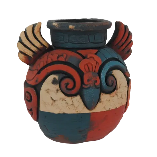 3D-Modell einer lebhaft gefärbten Keramikvase in Form einer Eule mit aztekisch inspirierten Designs in Rot, Blau und Creme.