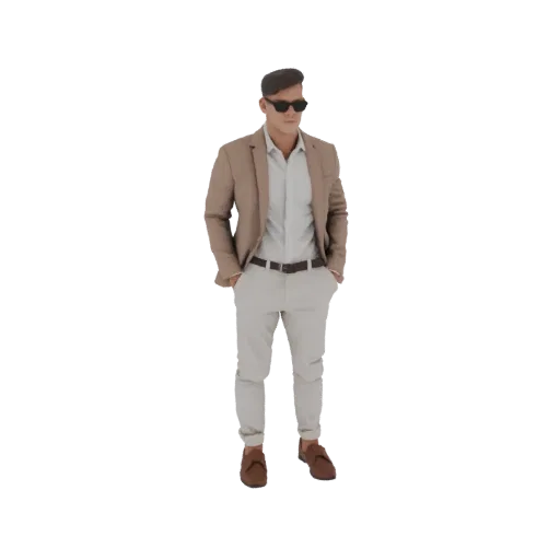 Modelo 3D de joven con traje marrón claro, camisa blanca y gafas de sol, de pie con manos en bolsillos.