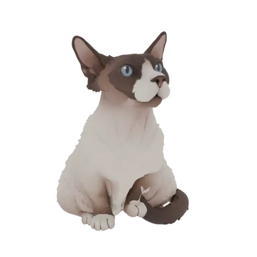 3D-Modell einer sitzenden Devon Rex Katze, zeigt ihr lockiges Fell, große Ohren und blaue Augen vor weißem Hintergrund.