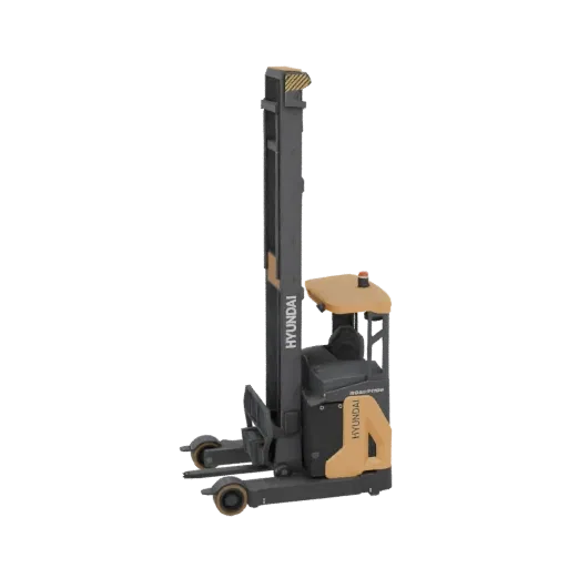 3D model of a Hyundai Reach Truck, featuring a tall mast, forks, and operator's cabin in yellow and dark grey.