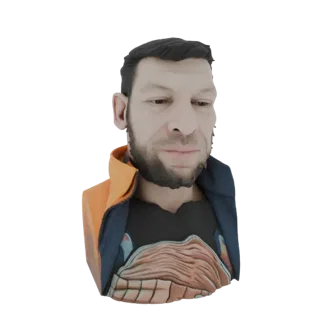 Modelo 3D de busto de hombre cyberpunk, con chaqueta naranja y ribete azul, rasgos faciales detallados y mejoras cibernéticas