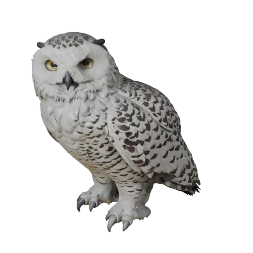 Schnee-Eule 3D-Modell, Seitenansicht Wildlife-Rendering, Blender-fertiges Tier-Asset mit Schnabelprofil, geschichtetem Gefied