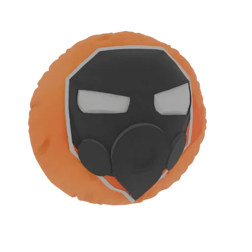 3D model of a round orange character in a hazmat suit with a black gas mask and white eye slits.