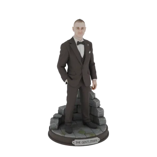 3D model of a man in a dark suit and bowtie standing on a stone pedestal with 'THE GENTLEMAN' plaque.