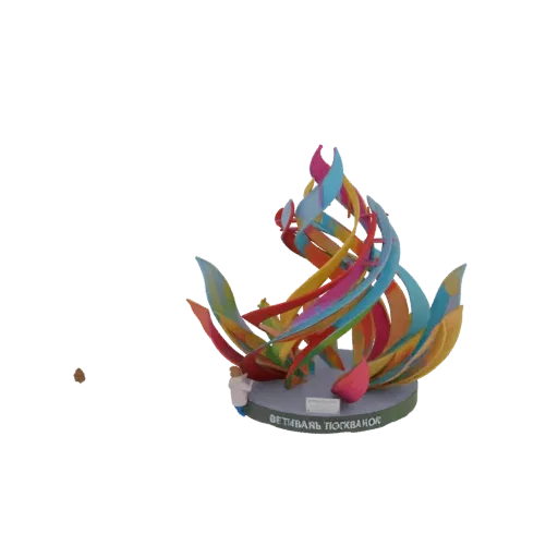 3D model of a vibrant, abstract flame sculpture with colorful swirling ribbons on a circular base.