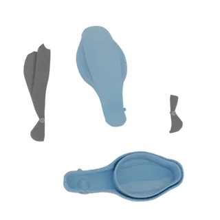 A 3D render of abstract sculptural forms in blue and gray, arranged compositionally.