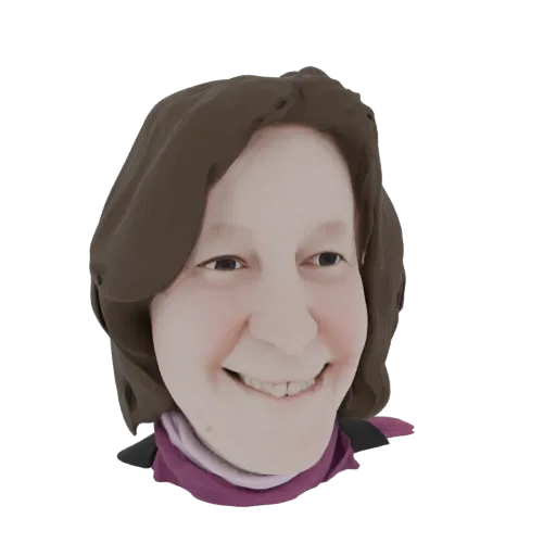 A 3D render of a stylized head with a wide smile, brown hair, and a purple scarf draped around the neck.