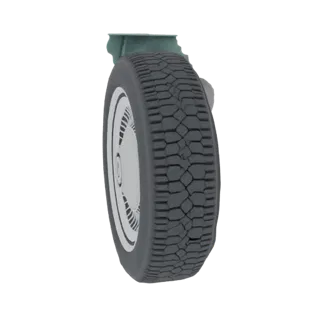 3D model of a vintage car wheel with a chrome hubcap and a detailed treaded tire, set against a white background.