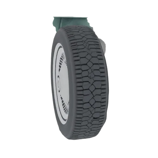 3D model of a vintage car wheel with a chrome hubcap and a detailed treaded tire, set against a white background.