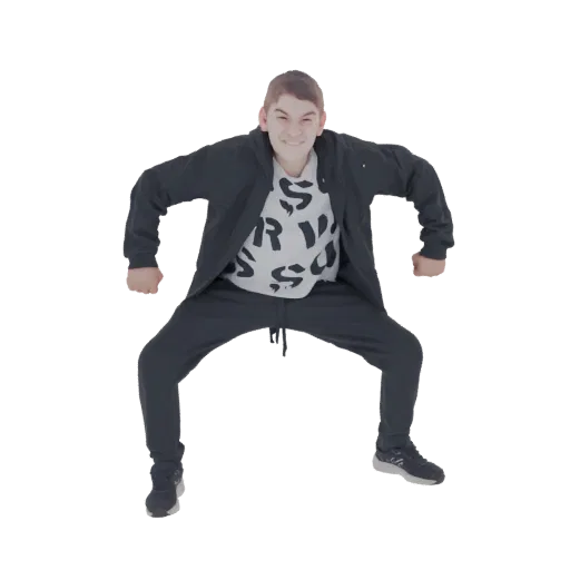 3D model of a young man in a dark tracksuit, crouching with fists clenched and a determined expression, against a white backg