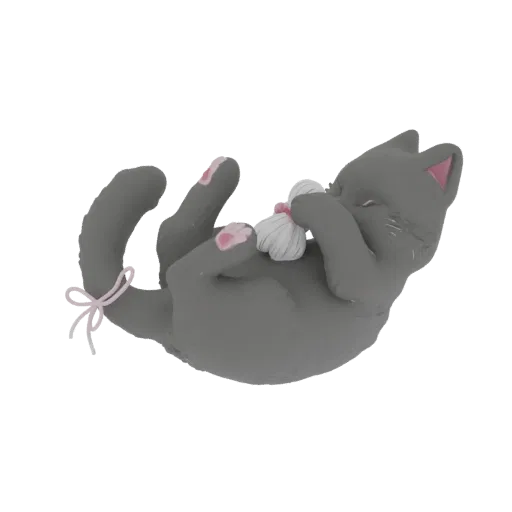 3D model of a cute gray cat lying on its back, playfully batting at a white ball of yarn with its paws, featuring pink paw pa