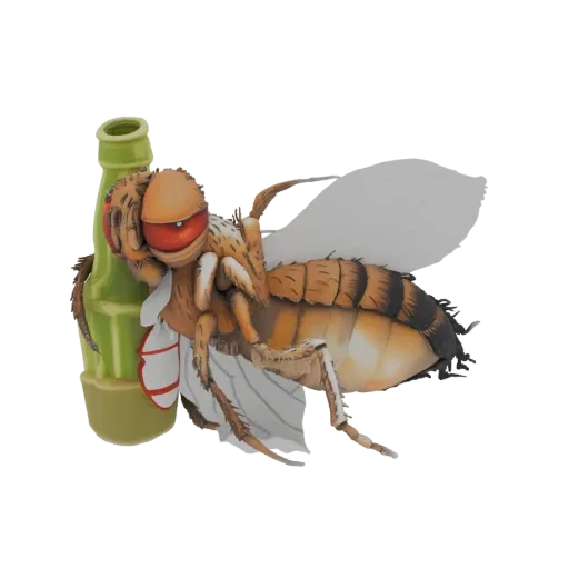3D model of a cartoonish fruit fly with large red eyes, wearing a small apron, leaning drunkenly against a green beer bottle.