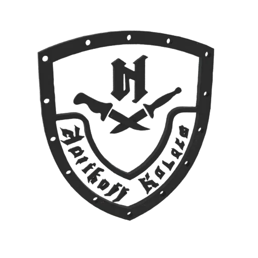 3D model render of a black knight's crest emblem with crossed swords and gothic lettering.