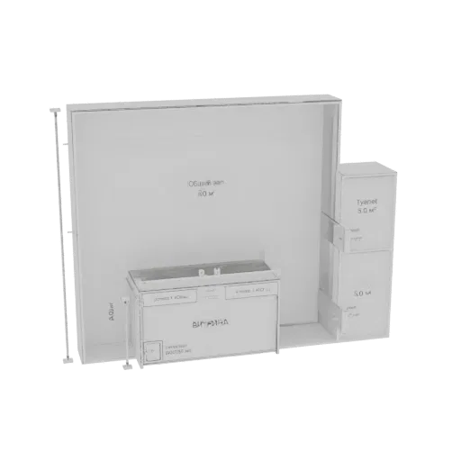 3D model of a modern bathroom vanity with an integrated sink and storage cabinets, shown in a clean, minimalist style.
