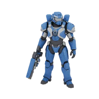 Modelo 3D de Space Marine azul em armadura com rifle, vista frontal