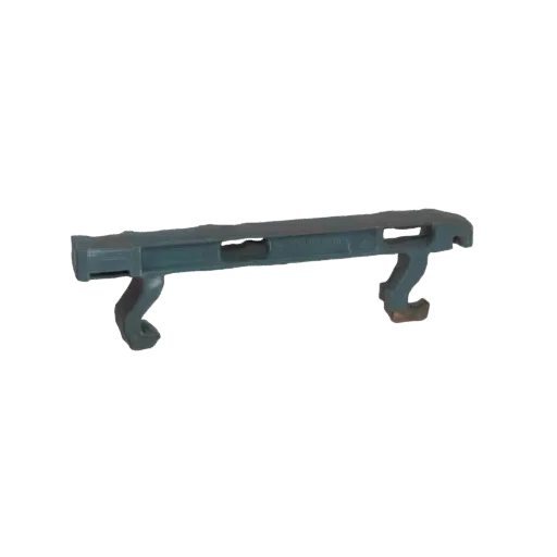 3D model of a teal plastic clip designed for mounting onto a DIN rail, featuring two downward-curving hooks.