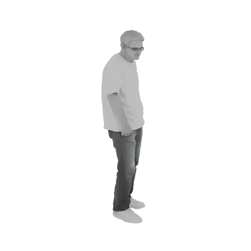 3D model of a man wearing glasses and jeans, standing and looking down, with a neutral expression.