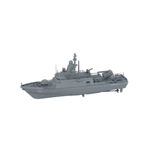 3D model of a Russian Project 1241 Molniya missile boat, viewed from the starboard side.