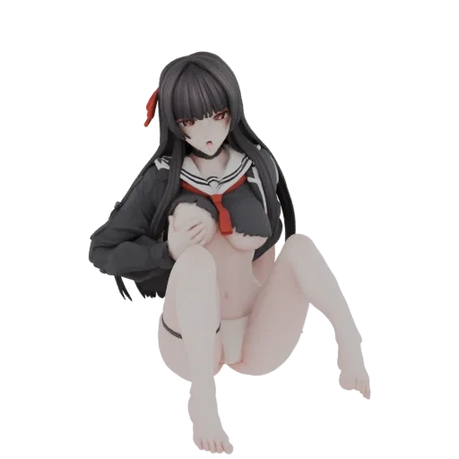 3D model of an anime schoolgirl with long black hair, red eyes, wearing a black blazer and red scarf, in a seated pose.