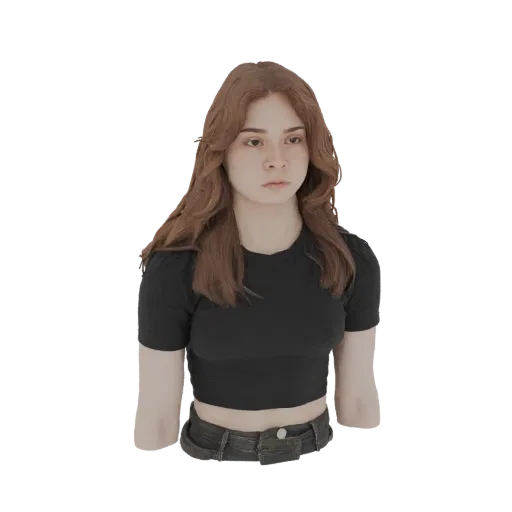 3D model of a young woman's bust with long brown hair, wearing a black crop top and denim shorts.