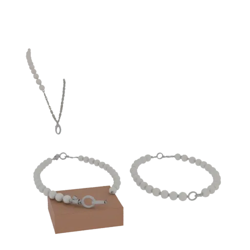 Sterling Silver Pearl Necklace 3D model, three-quarter studio product render, pearl surface.