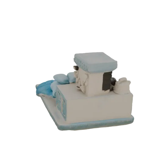 3D model of a miniature white stove with blue trim and decorative blue pillows, viewed from a slight angle.