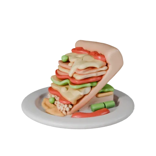 Pizza Slice 3D model, three-quarter front view, AR viewer studio render, showing sauces, plated composition.