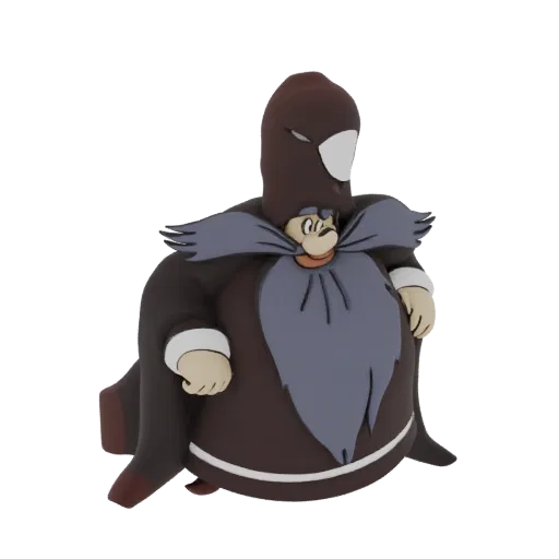 3D model of a wise old wizard with a long grey beard, wearing a brown hooded robe with white trim, against a white background