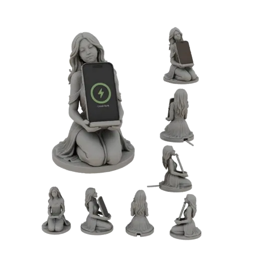 3D model of a kneeling woman holding a smartphone as a stand, with a charging icon on the screen.