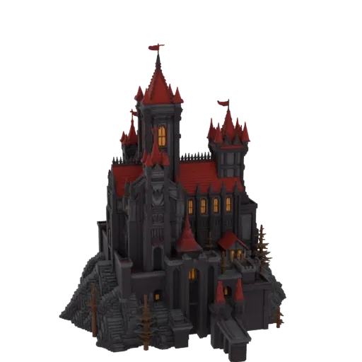 3D model of a dark gothic castle with red roofs and turrets, set on a rocky base with small trees.