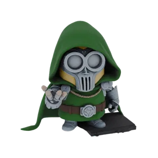 3D model of a Minion character dressed as Doctor Doom, wearing a green cape and metallic mask, with one hand outstretched.