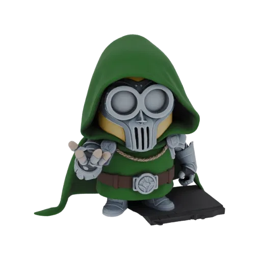 3D model of a Minion character dressed as Doctor Doom, wearing a green cape and metallic mask, with one hand outstretched.