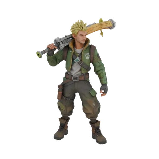 3D model cyberpunk forest character in green jacket with weapon on shoulder