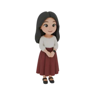 3D model of a young woman with dark hair, wearing a white long-sleeved top and a burgundy skirt, standing with her hands clas