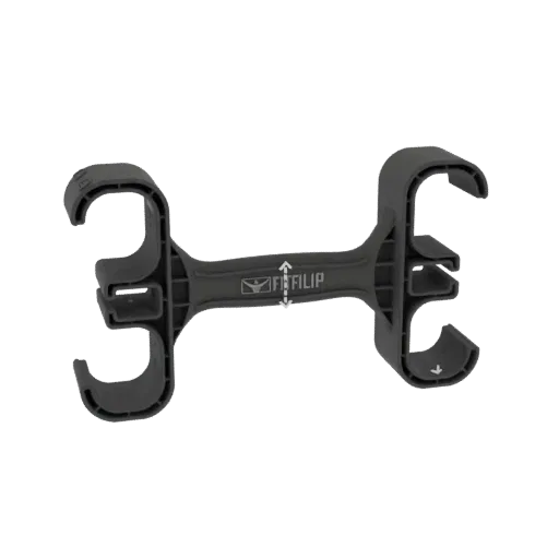 3D model render of a dark gray, adjustable clamp tool with a central body and two opposing clamp mechanisms, featuring the 'F