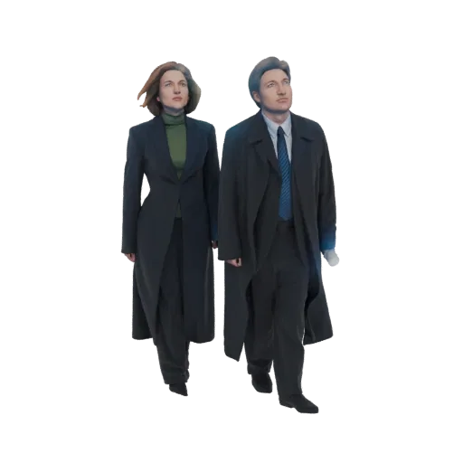 3D model of FBI Agents Mulder and Scully standing side-by-side and looking upwards, dressed in their signature suits and tren