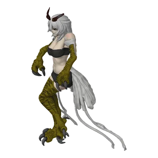 3D model of a harpy with white hair, dark top, short skirt, white wings, and tiger-striped legs with sharp claws.