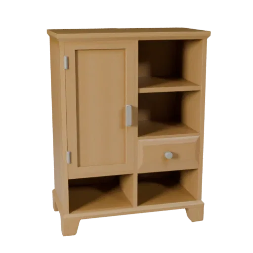 Floating Cabinet Low Poly 3D model, dining room, game viewport three-quarter view, painted wood detail.