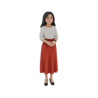 3D model of a woman with dark hair, wearing a white long-sleeved top and a red midi skirt, standing with hands clasped.