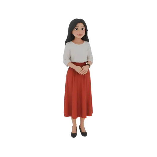 Modèle 3D d'une femme aux cheveux sombres, portant un top blanc à manches longues et une jupe midi rouge, debout avec les mai