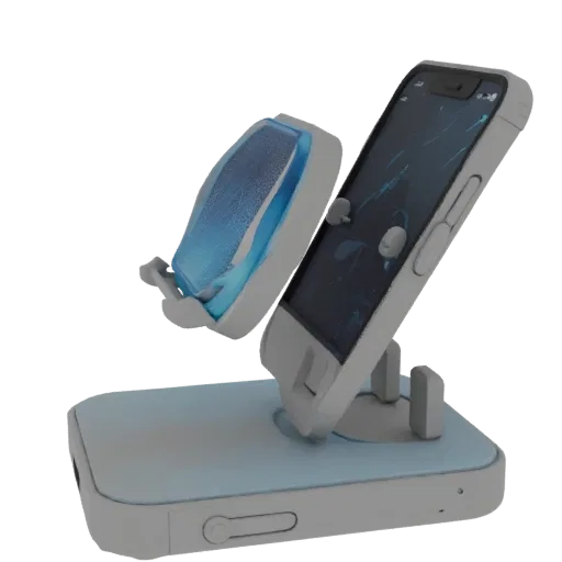 Modello 3D moderno supporto telefono con design futuristico e accento blu semitrasparente, su sfondo bianco.