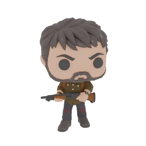3D model of Joel Miller from The Last of Us in Funko Pop style, holding a shotgun.