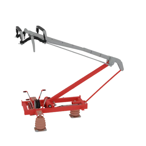 3D render of a red and gray articulated boom lift with its boom extended against a black background.