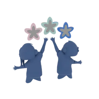 3D model of two stylized blue children high-fiving under pastel pink, mint green, and blue stars.